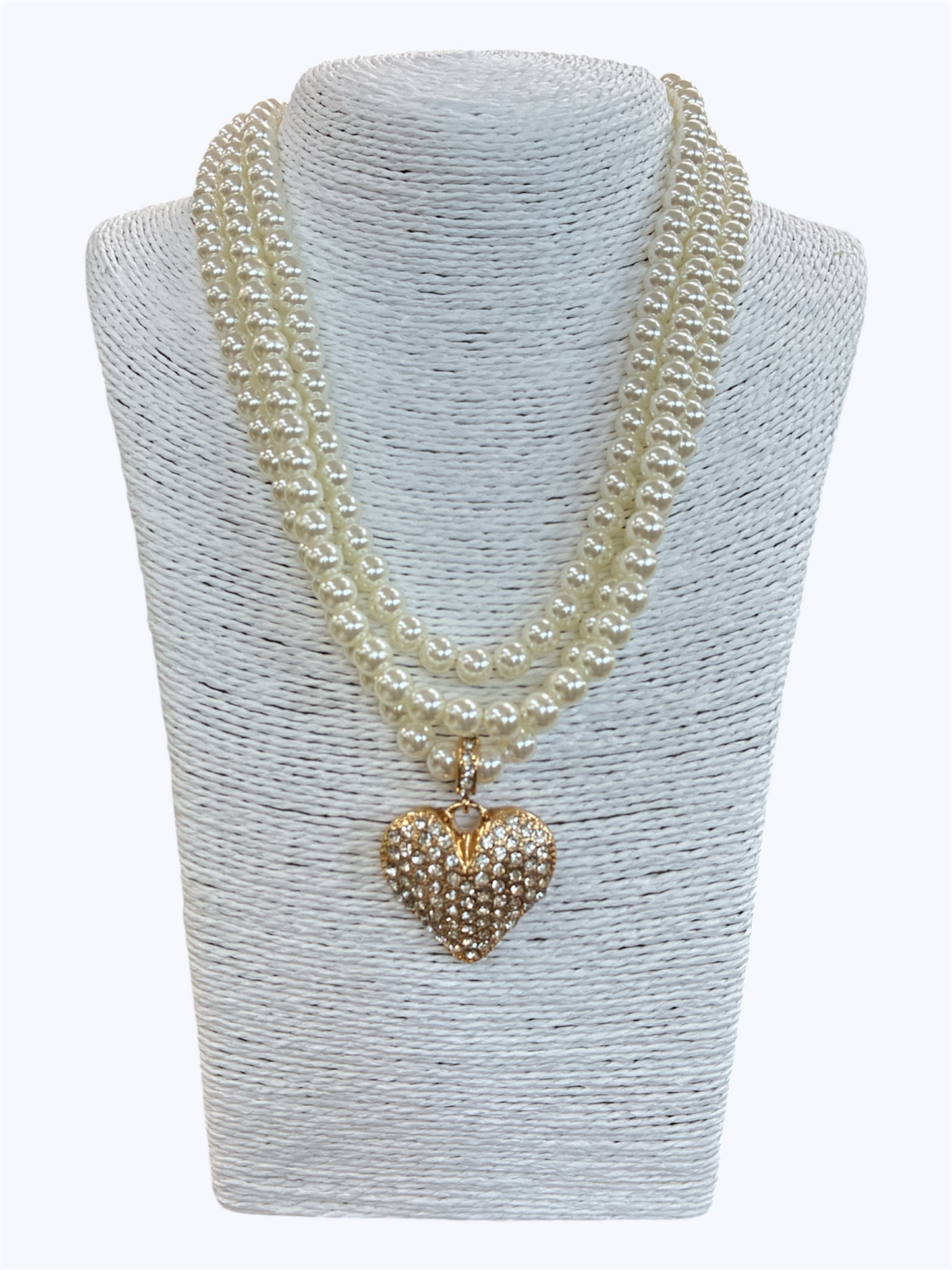 N3125|Layered Pearl with Heart Rhinestones Necklace| JCNE3082