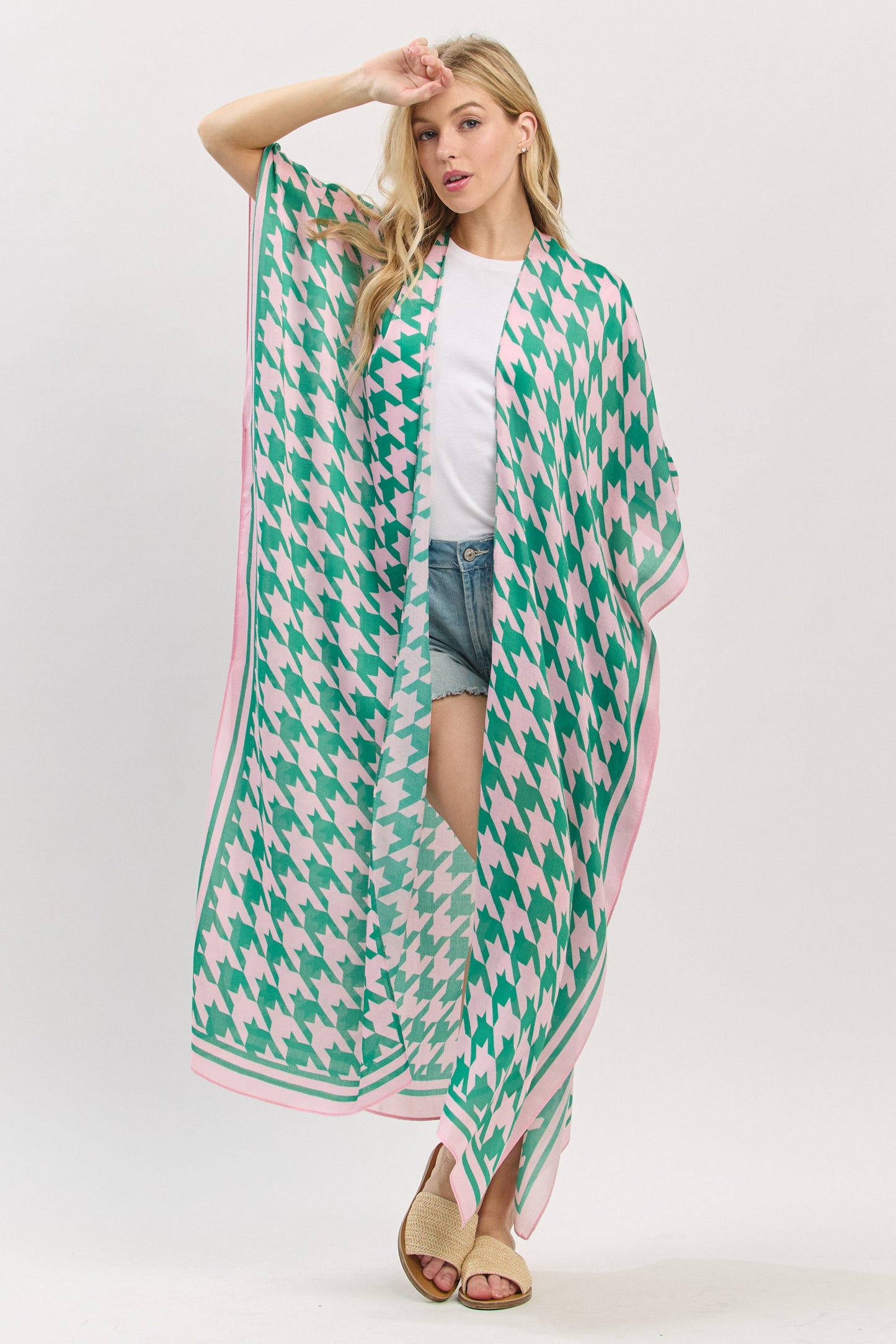 PS86 SO15012 Houndstooth Printed Long Kimono