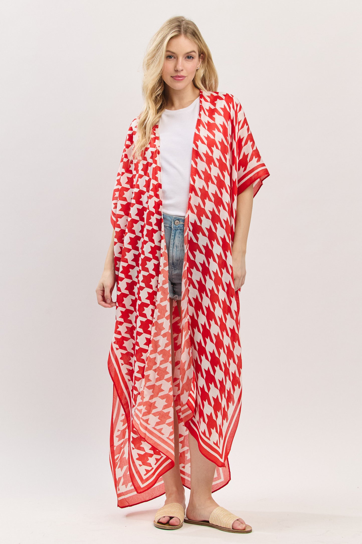 PS86 SO15012 Houndstooth Printed Long Kimono
