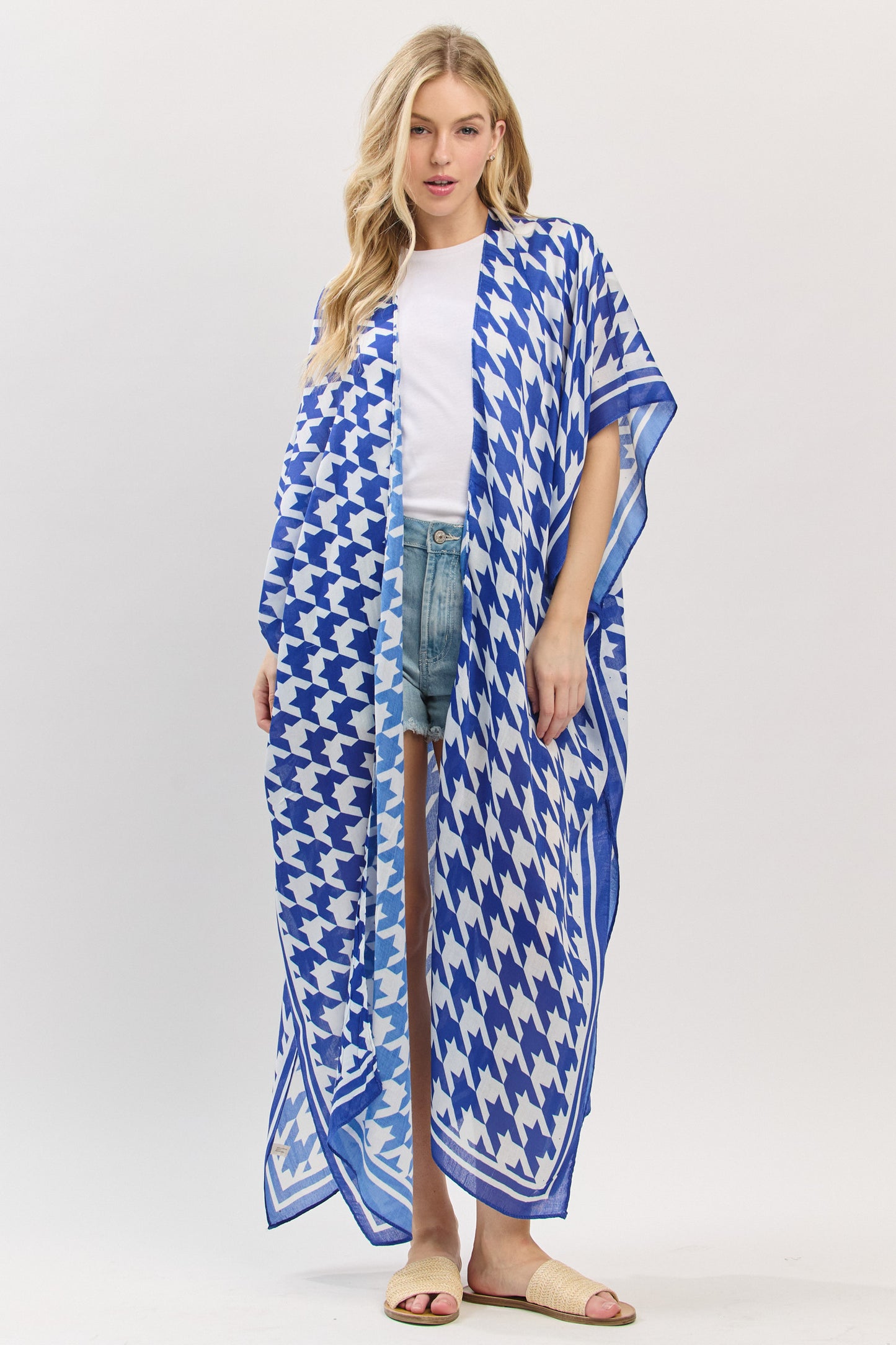 PS86 SO15012 Houndstooth Printed Long Kimono