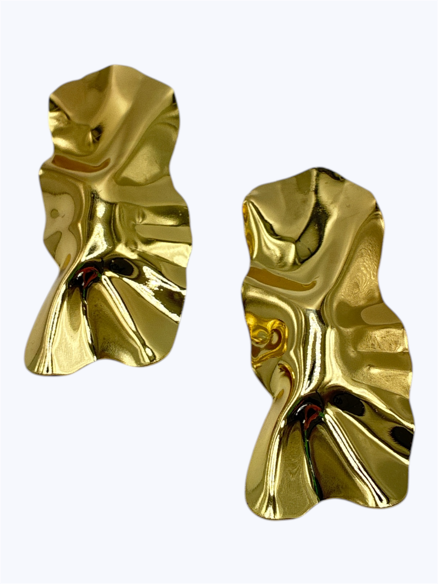 Abstract gold statement earrings with a sculpted crinkled texture and glossy molten metal-inspired finish