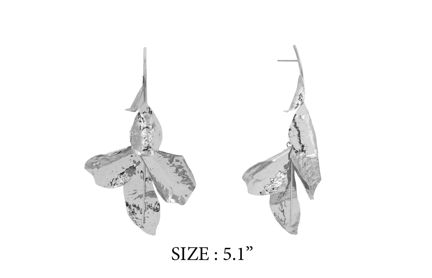 Silver leaf-shaped earrings on a white background with size label.