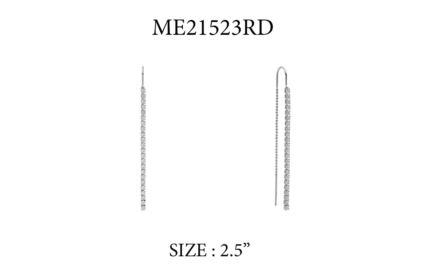Pair of silver earrings with clear stones on a white background, labeled ME21523RD and size 2.5".