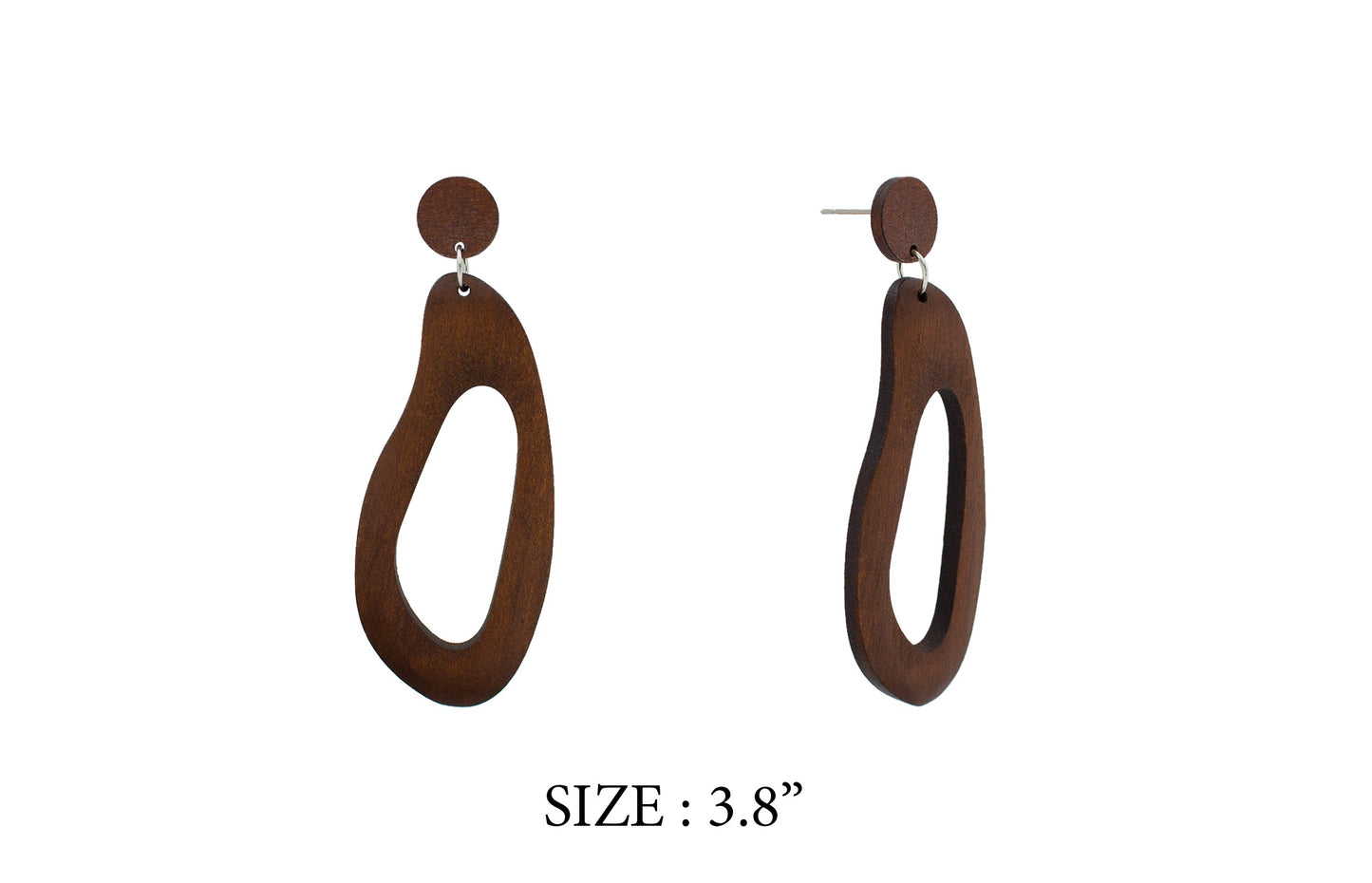 Wooden hoop earrings on a white background with size indication.