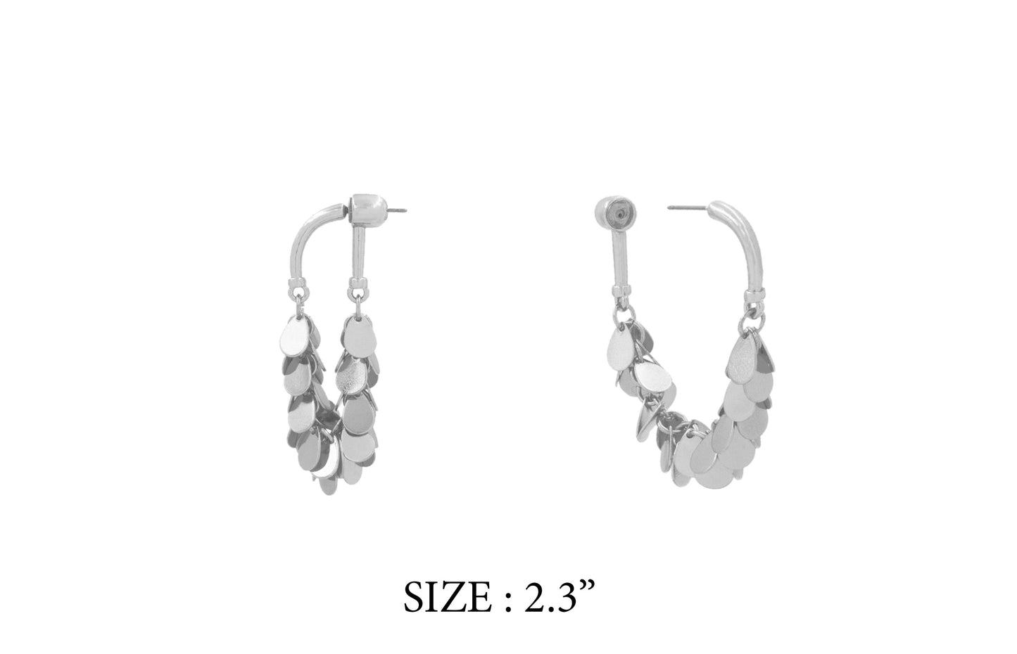 Pair of silver hoop earrings on a white background with size label.