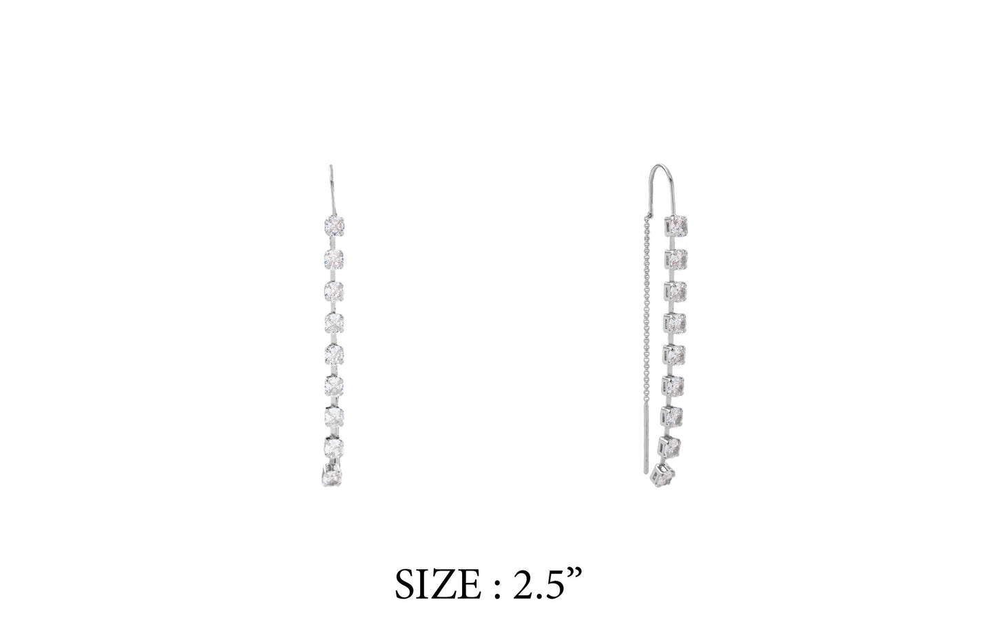 Pair of silver earrings on a white background with size label 'SIZE : 2.5"'.