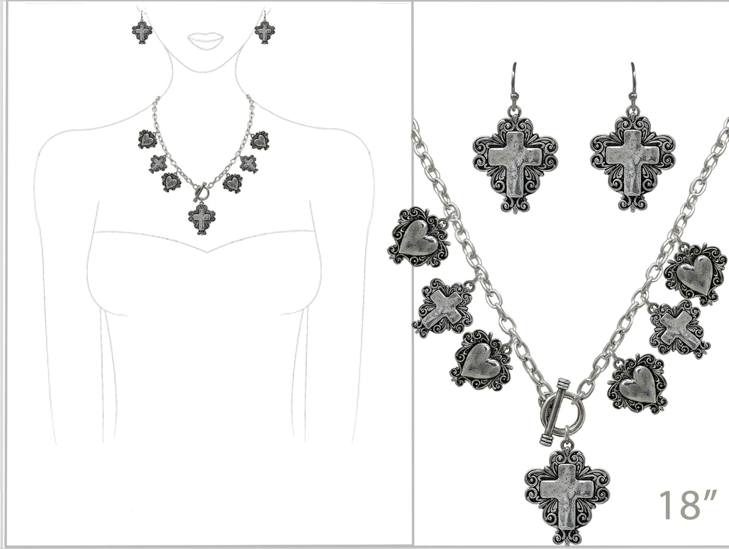 Jewelry set with necklace and earrings on a mannequin and separate display.