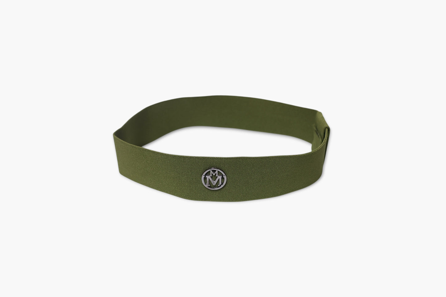 Green headband with a logo on a white background