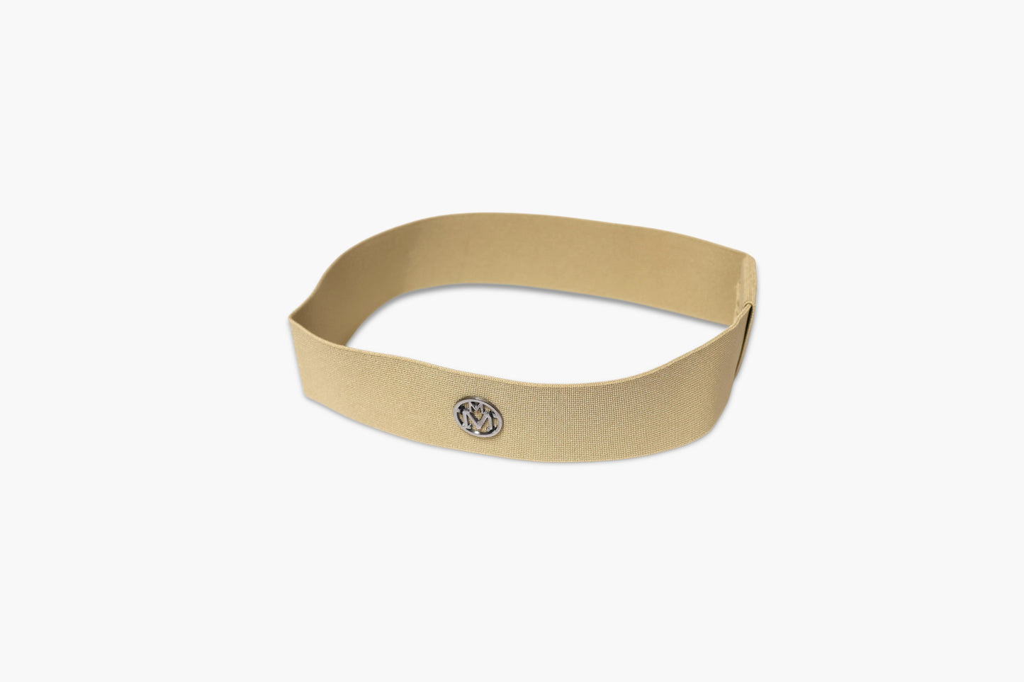 Beige headband with a logo on a white background