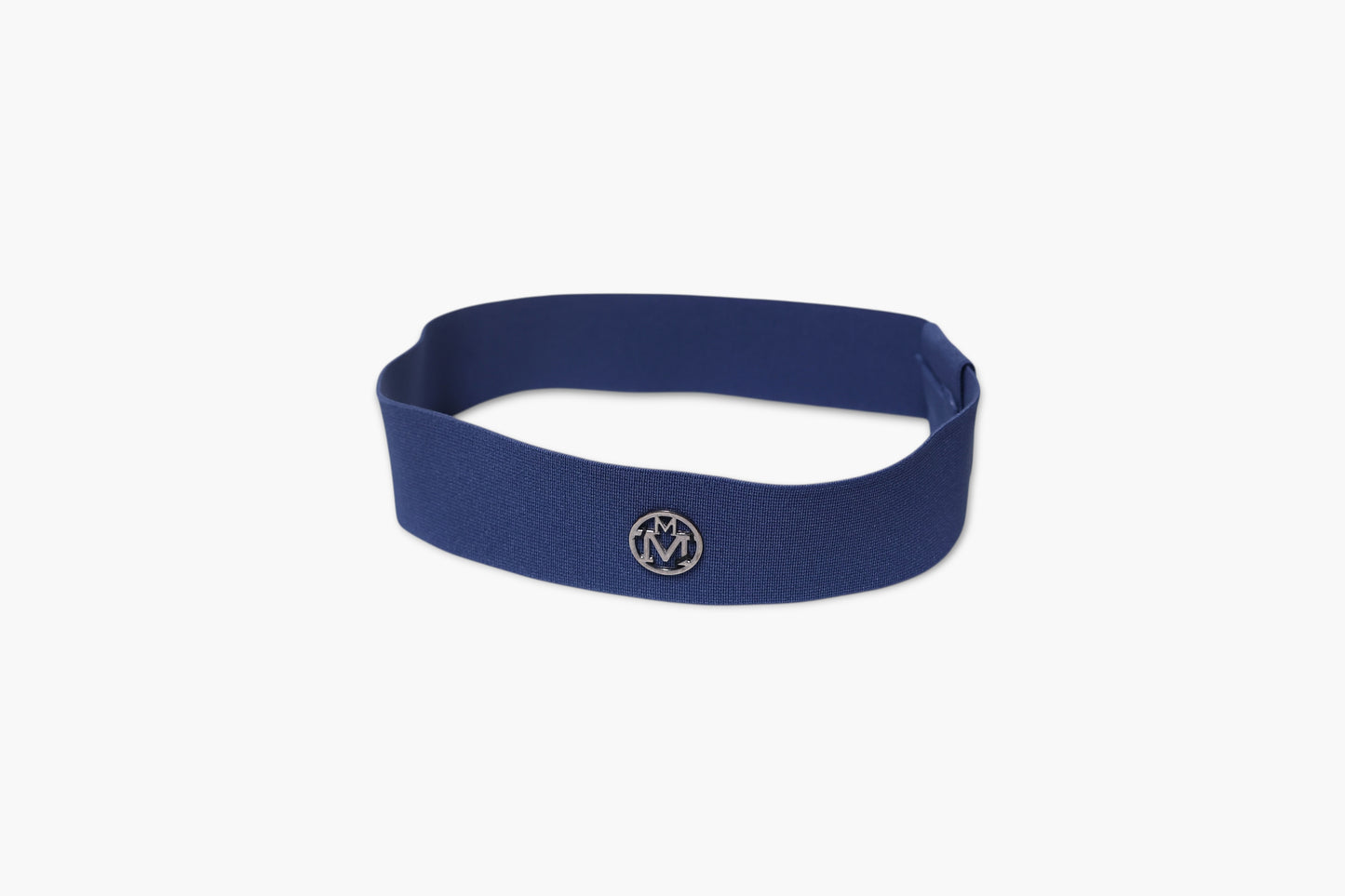 Blue headband with a logo on a white background