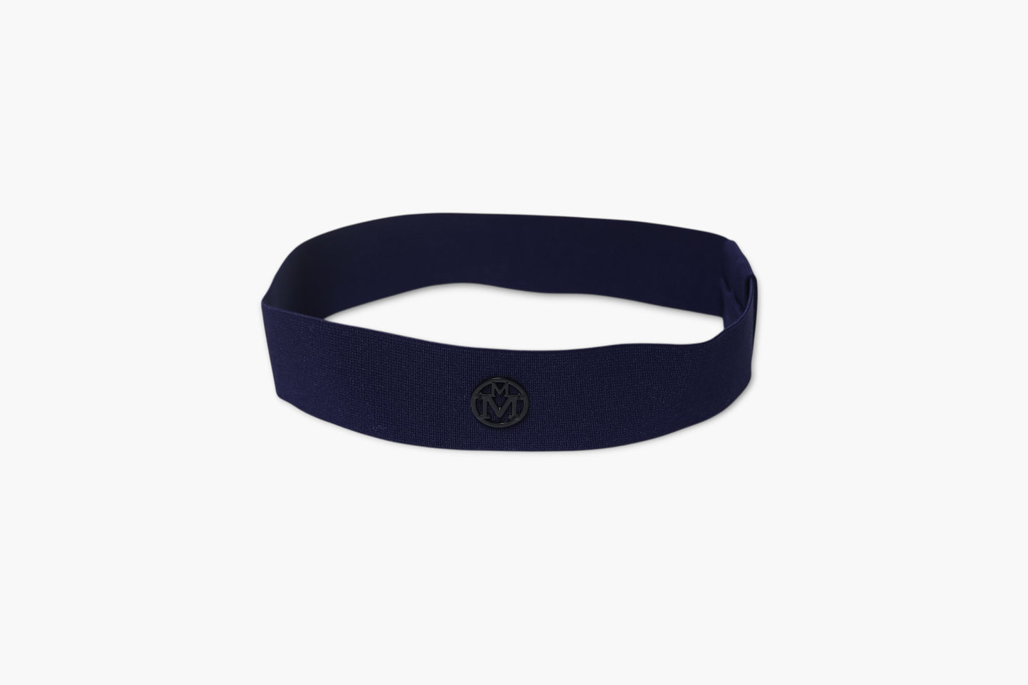 Navy blue headband with a logo on a white background
