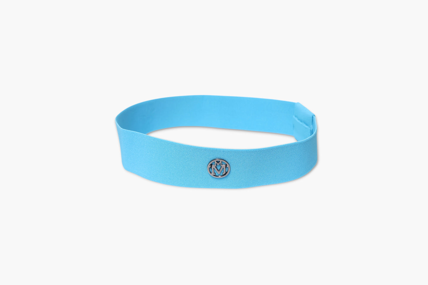 Blue headband with a logo on a white background