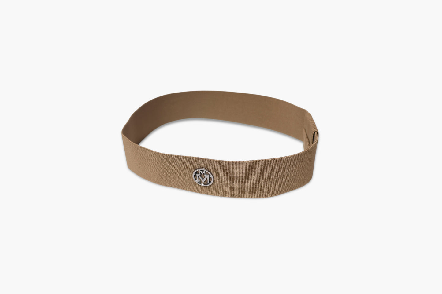 Brown headband with a logo on a white background