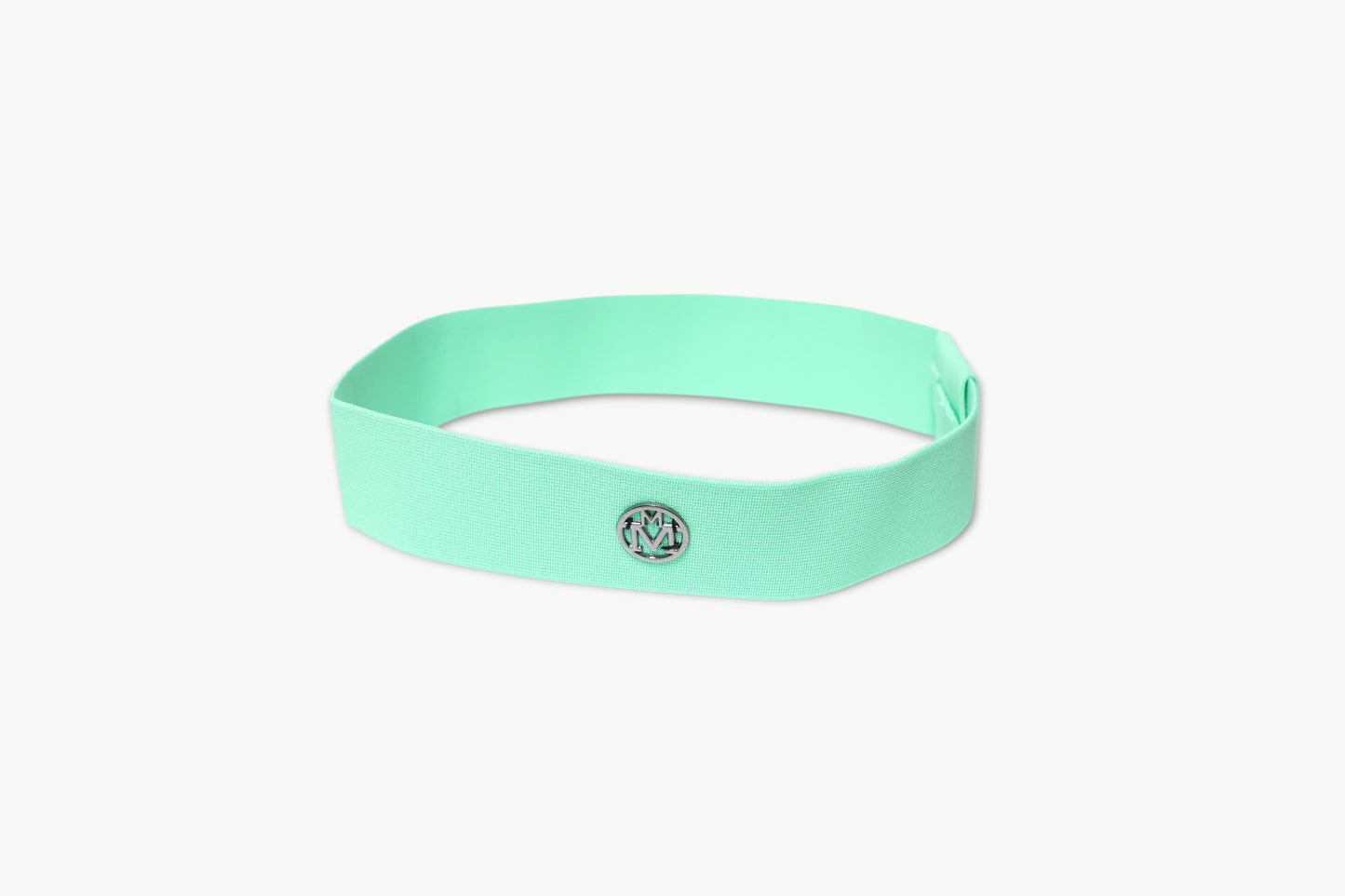 Mint green headband with a logo on a white background