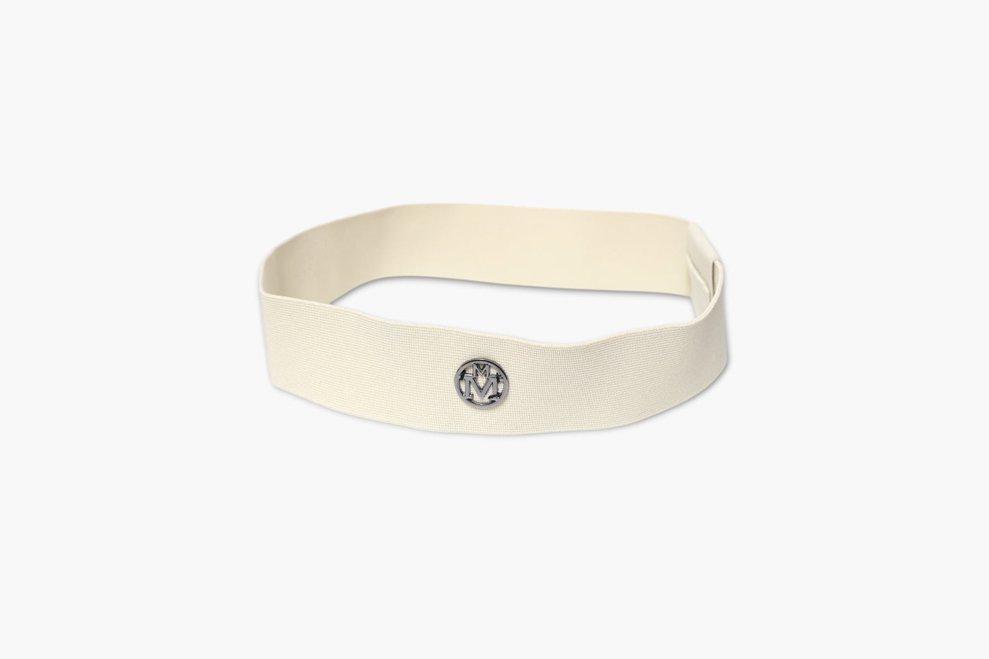 Beige headband with a logo on a white background