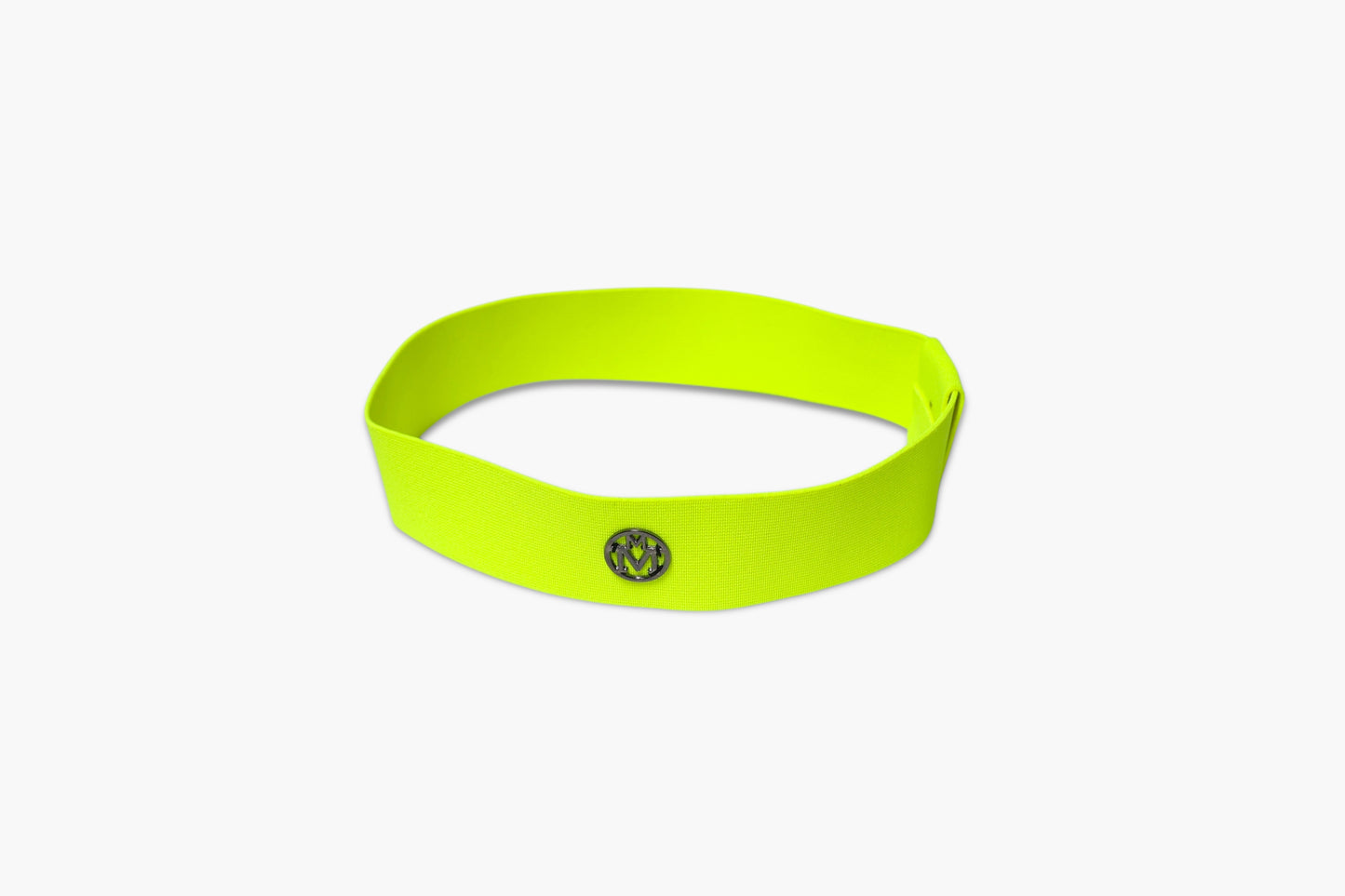 Neon green headband with a logo on a white background