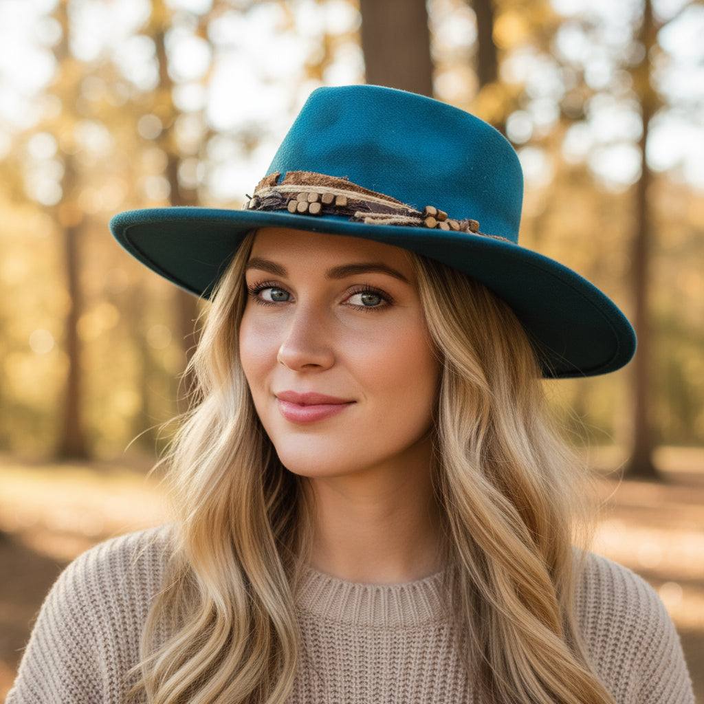 Woman wearing a blue hat in a forest setting