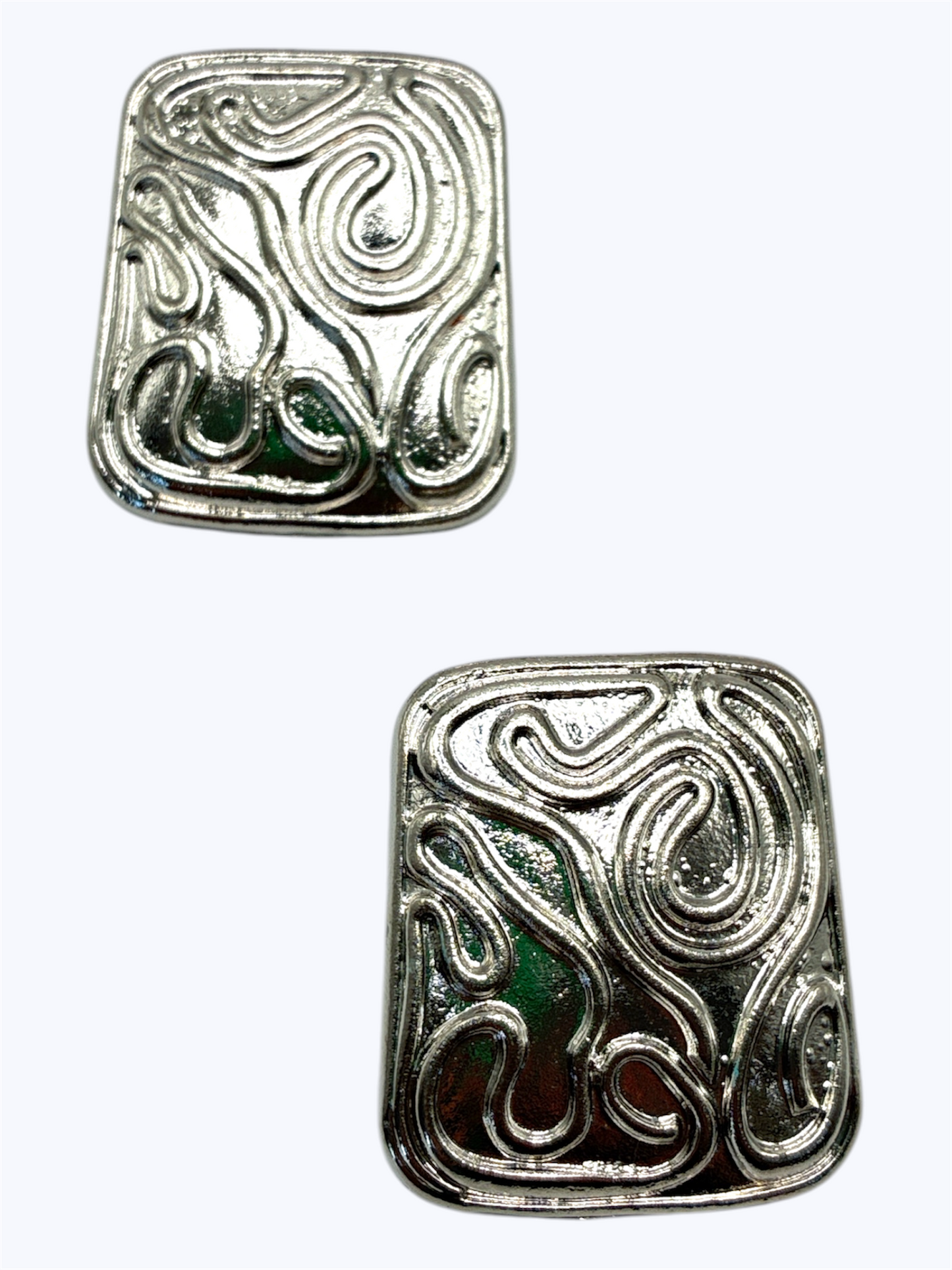 Silver abstract engraved stud earrings with embossed swirl detailing and a modern geometric rectangle design
