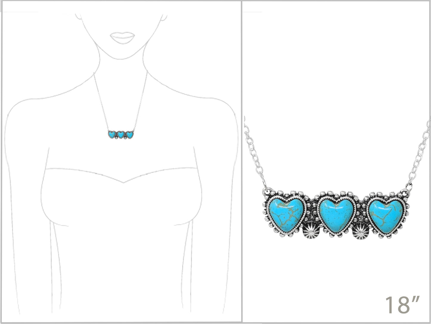 Turquoise heart-shaped necklace on a white background with a mannequin and measurement details.