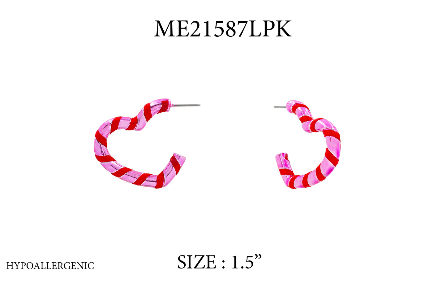 Red and pink striped earrings on a white background with product code and size information.