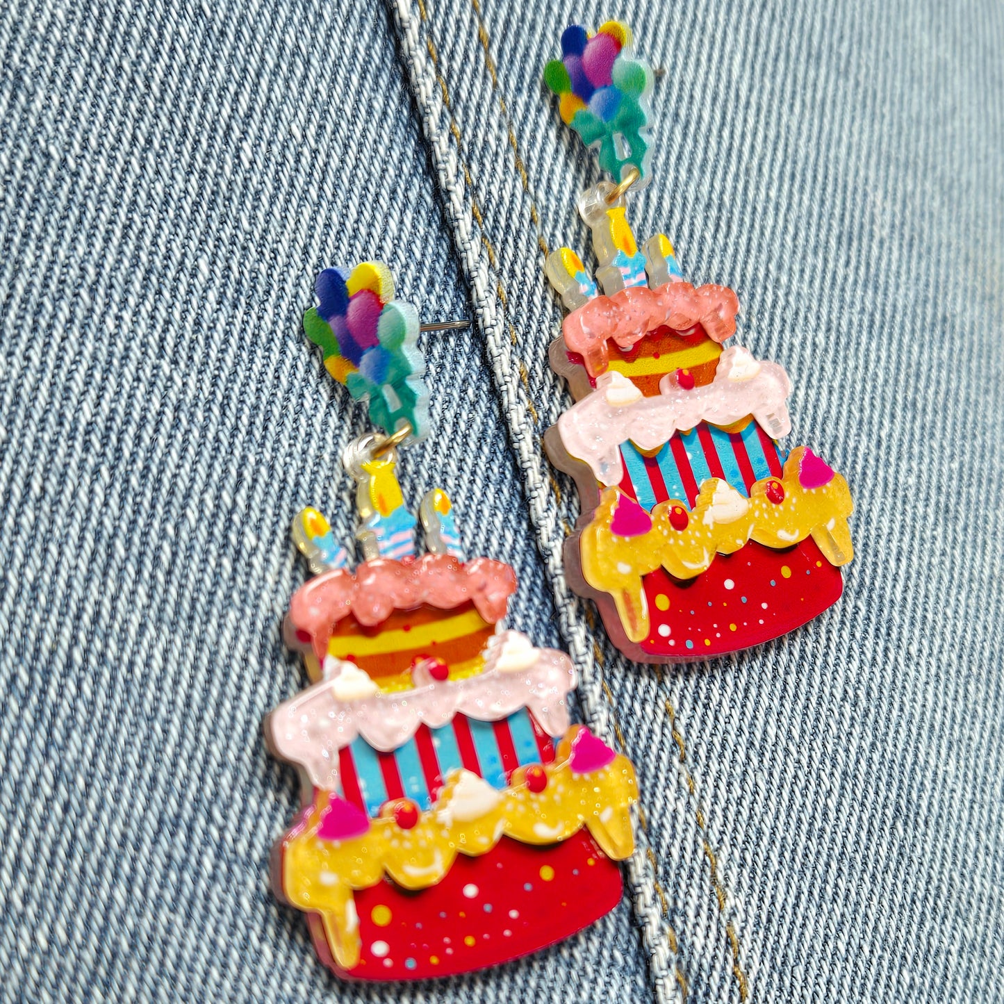 E1059 VER6034 Acrylic Cake Design Drop Dangle Post Earrings