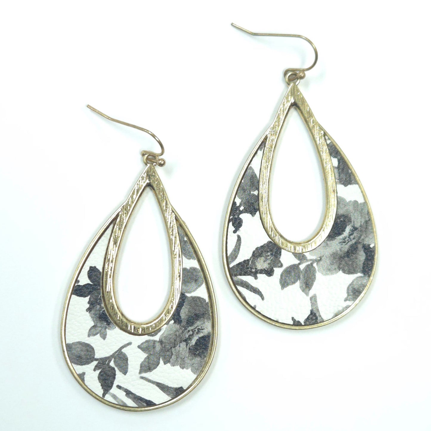 Teardrop-shaped earrings with floral pattern on a white background