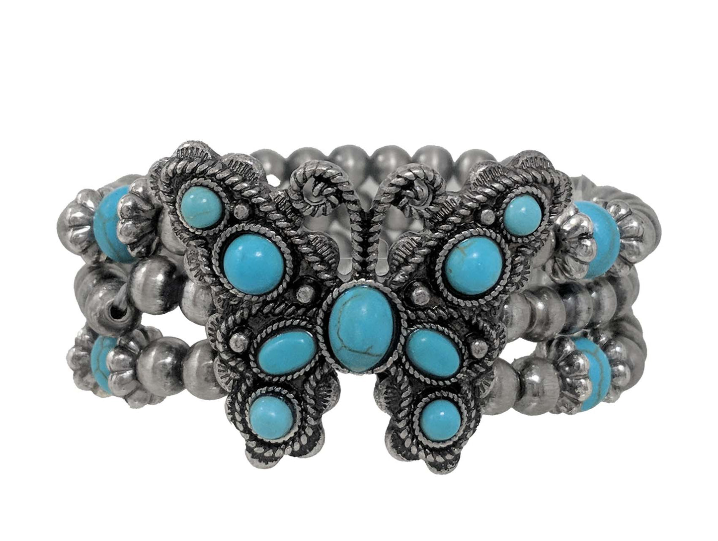 Boho butterfly beaded bracelet featuring turquoise-style stone accents, antique silver finish, and layered stretch bands.