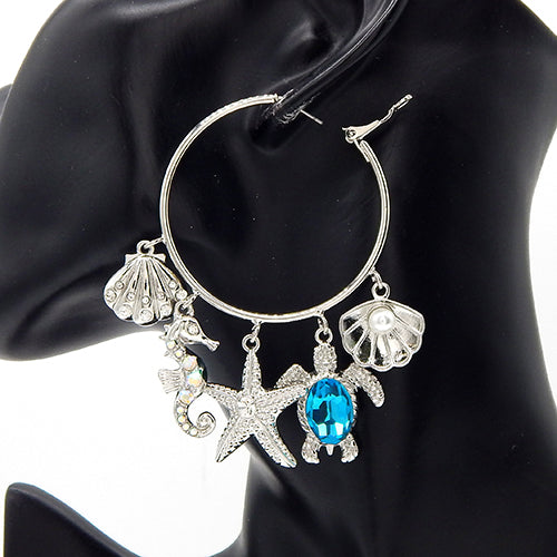 E1129 YE3555 Shell Starfish Turtle Seahorse Design Charms Dangle Hoop Earrings