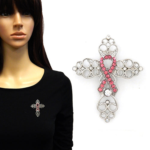 BR0183 YM2132 Pink Ribbon Design Cross Shape Brooch