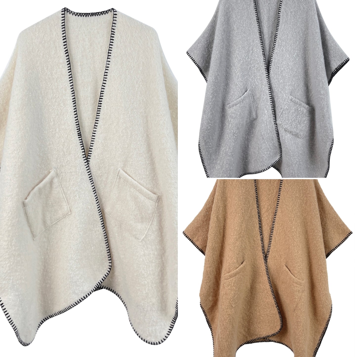 Stitch-Lined Warm Poncho PC47 ZCK320058