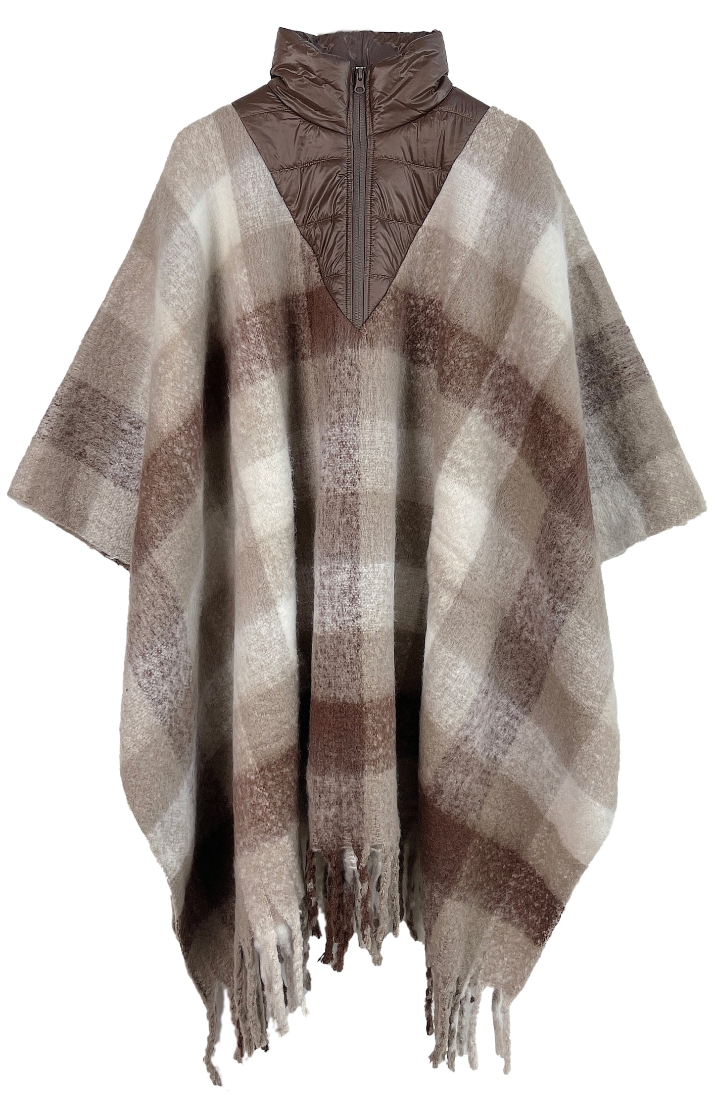 Plaid Half Zip Up Fringe Poncho | PC99