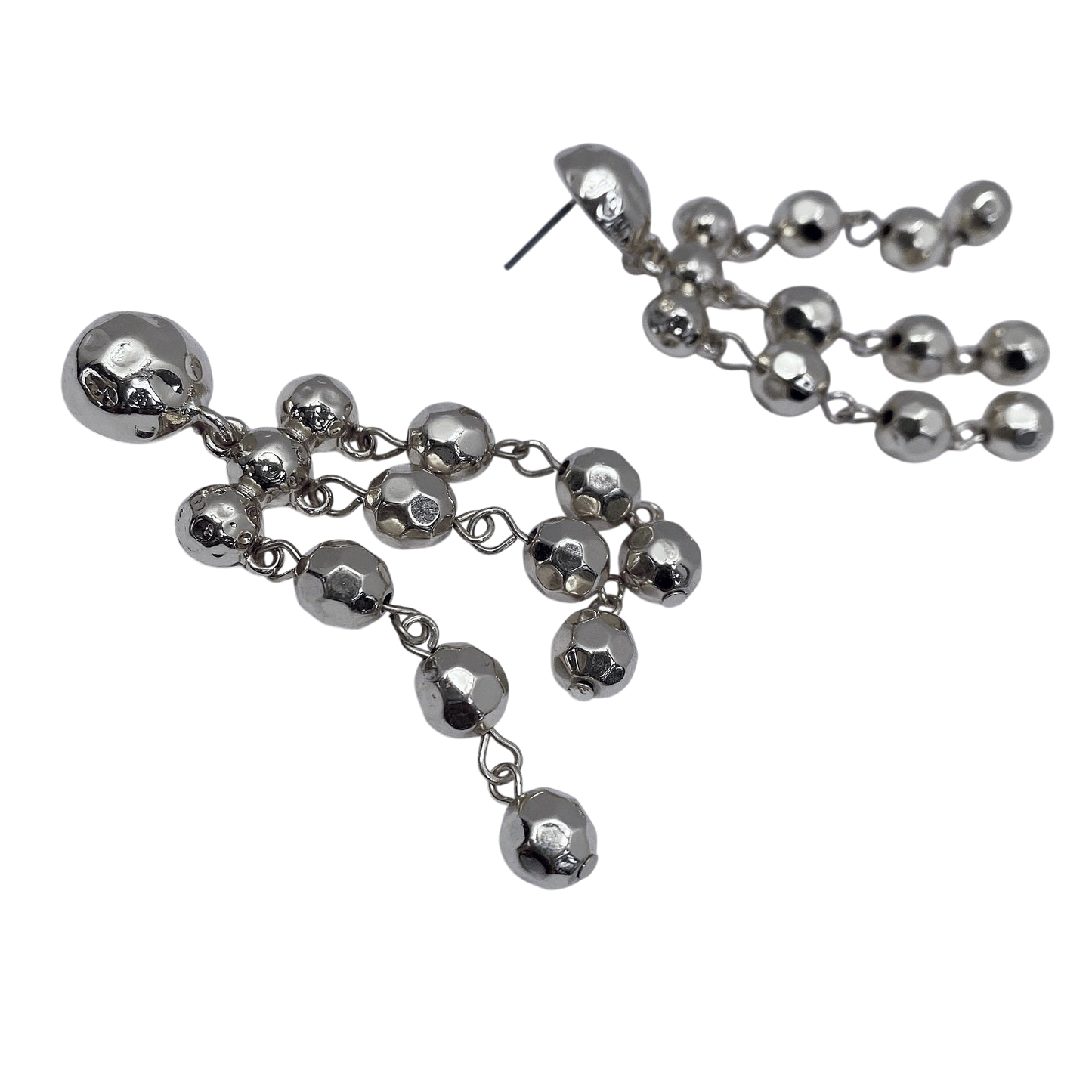 Silver beaded earrings on a white background