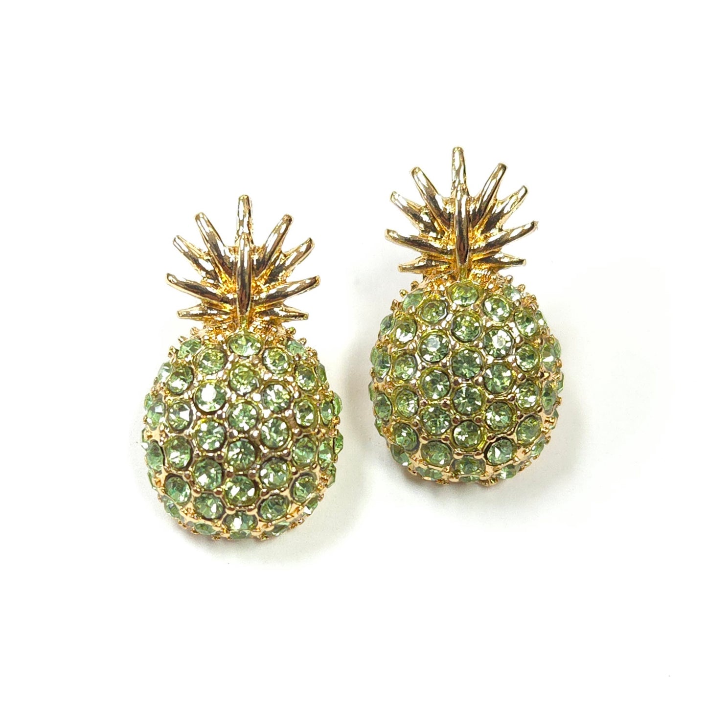 Pineapple-shaped earrings with green gemstones on a white background