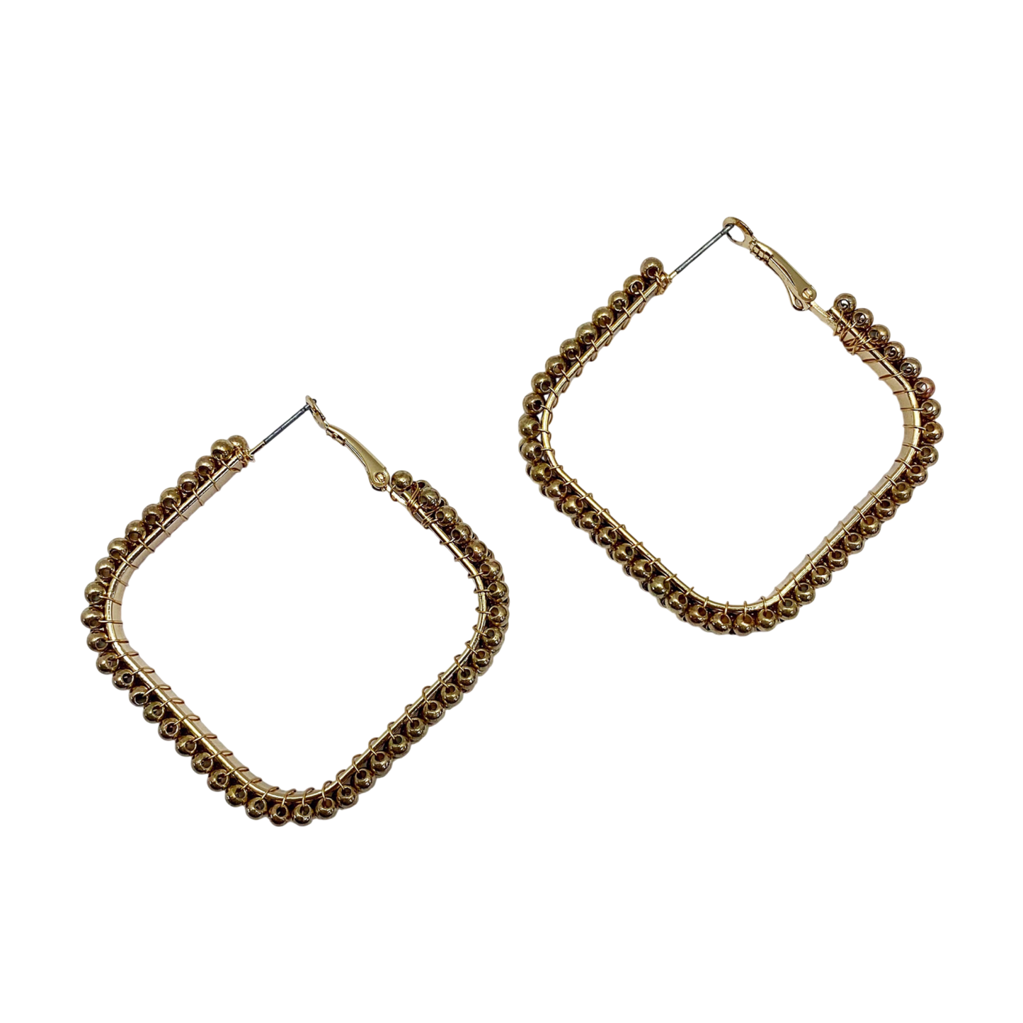 Gold hoop earrings with beaded accents on a white background