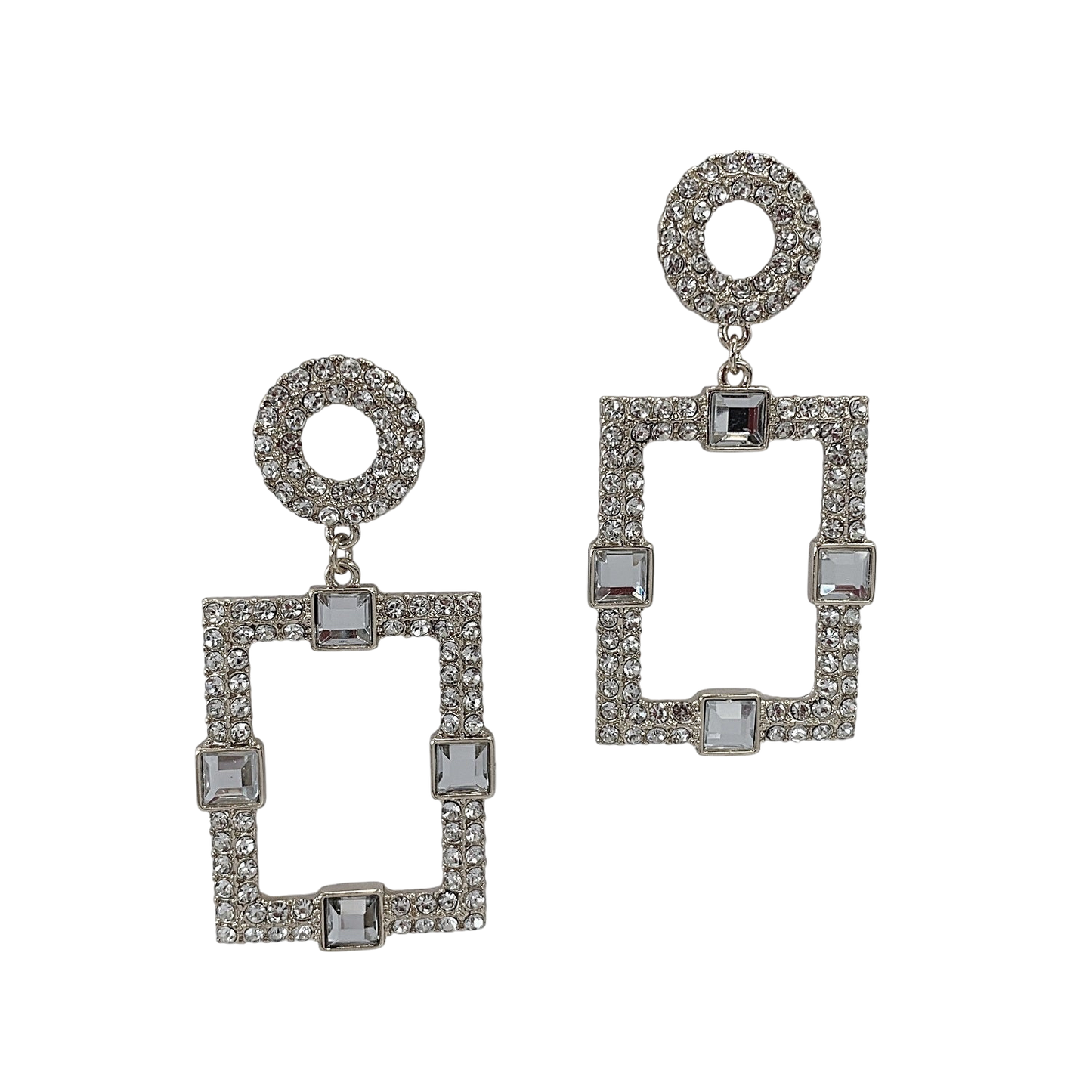 Silver earrings with square and circular designs on a white background
