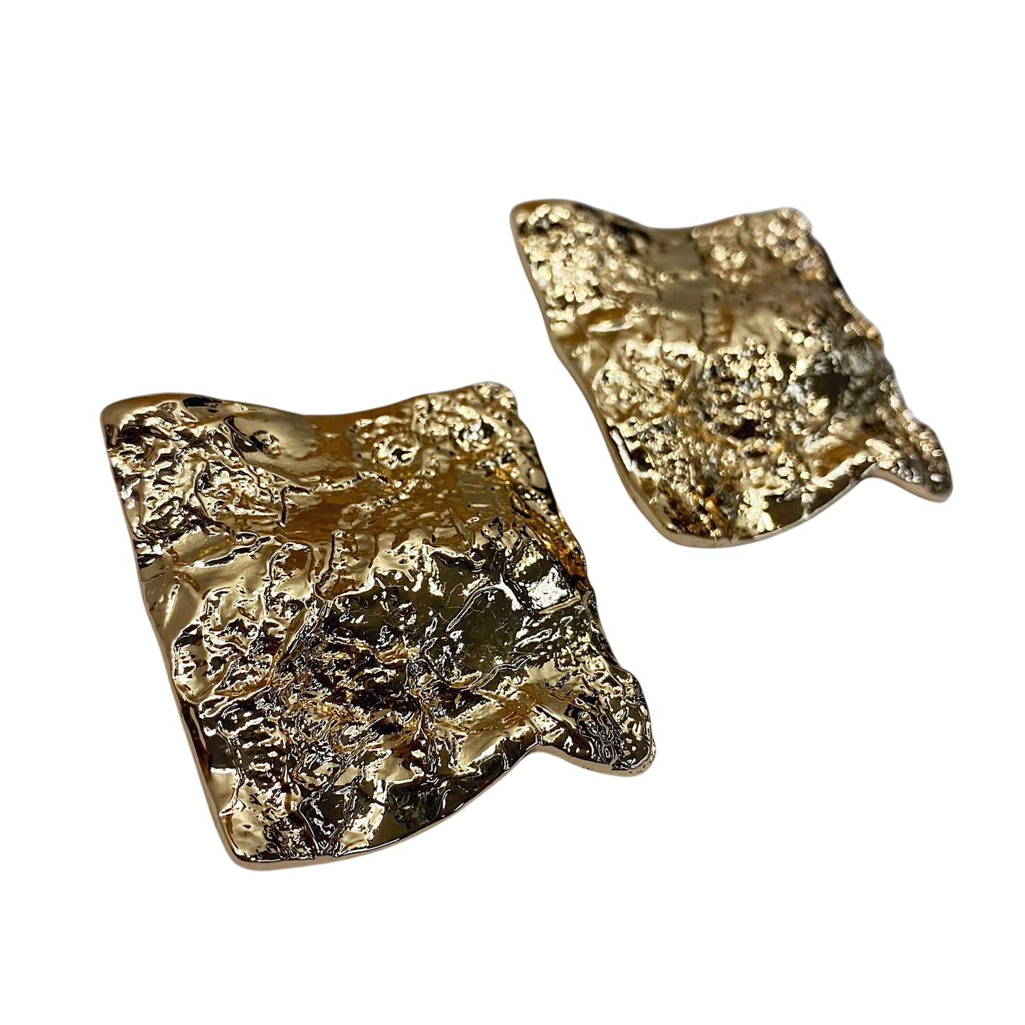 Pair of gold square earrings on a white background