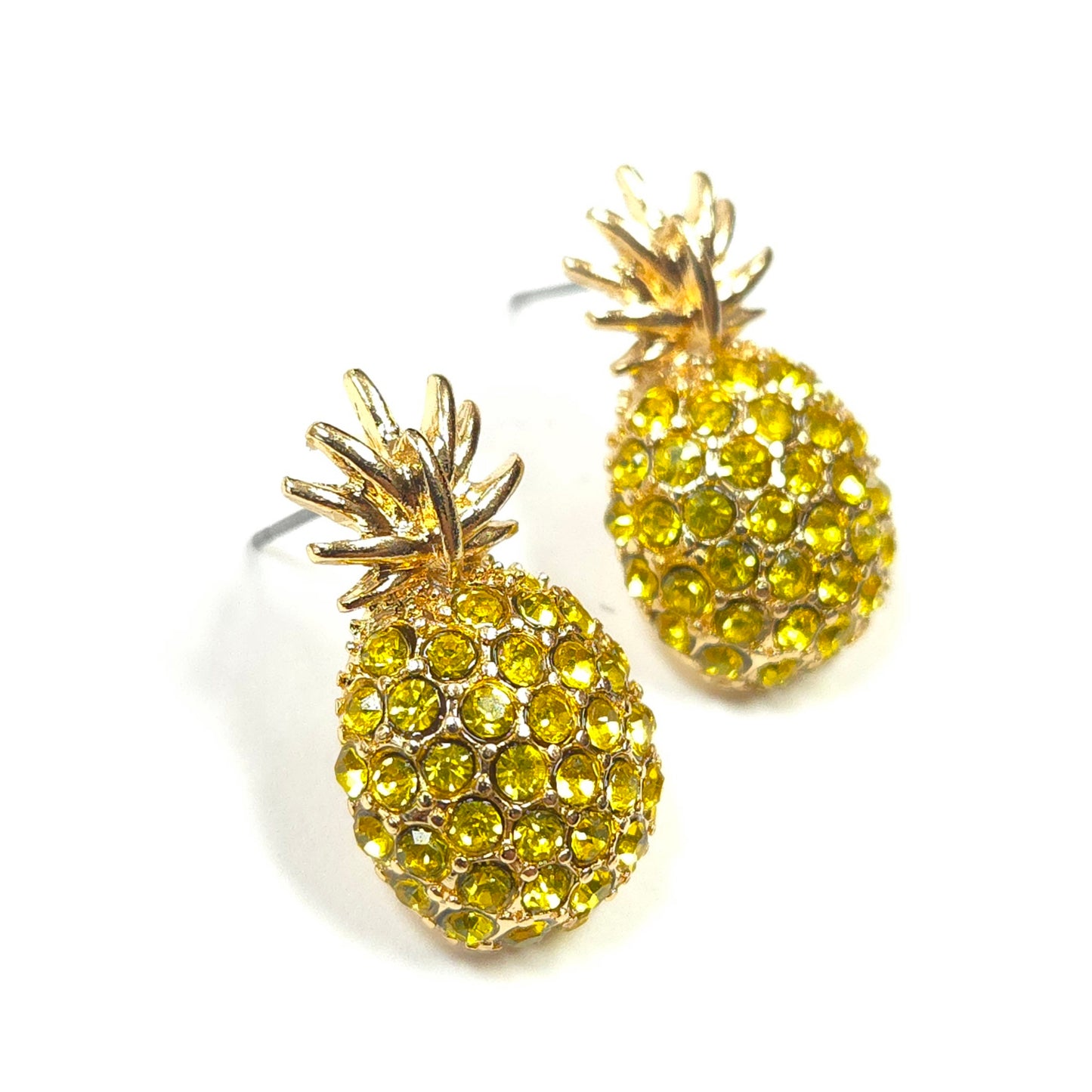Pineapple-shaped earrings with yellow gemstones on a white background
