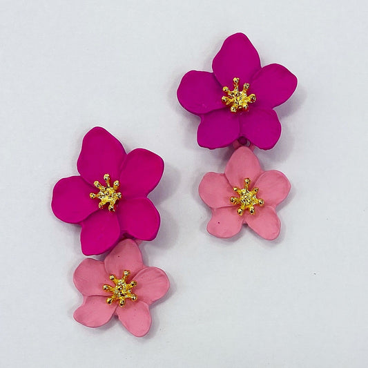 E0816  CCFBDE01  Double Flower Petal Design Drop Dangle Post Earrings
