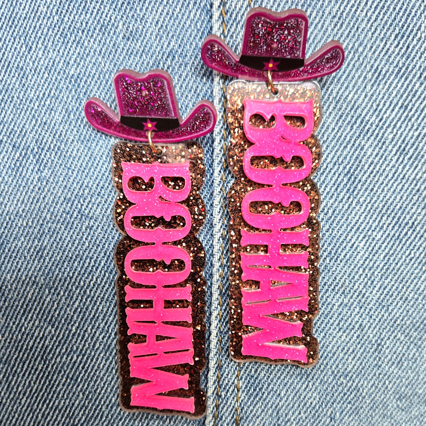 E1028 13-6639 Acrylic Western Theme Word BOOHAW Drop Dangle Post Earrings