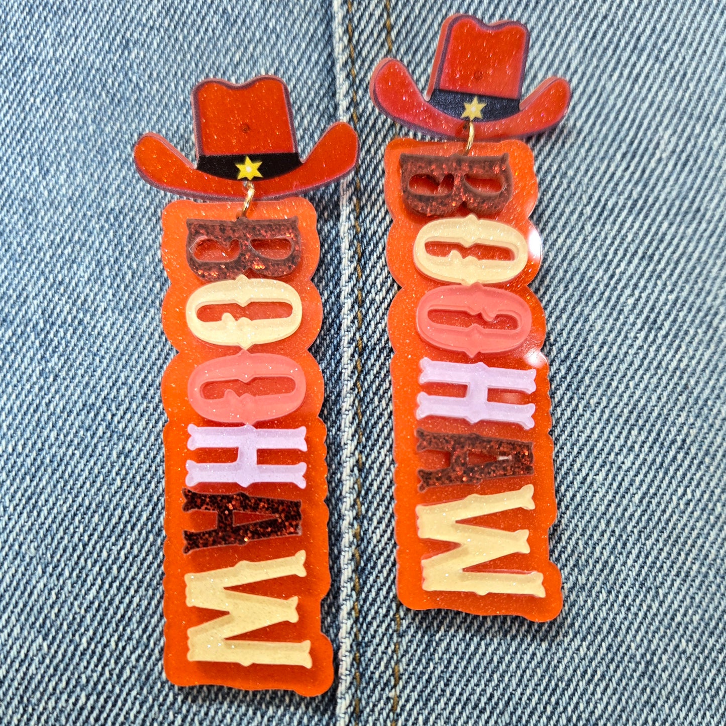 E1028 13-6639 Acrylic Western Theme Word BOOHAW Drop Dangle Post Earrings