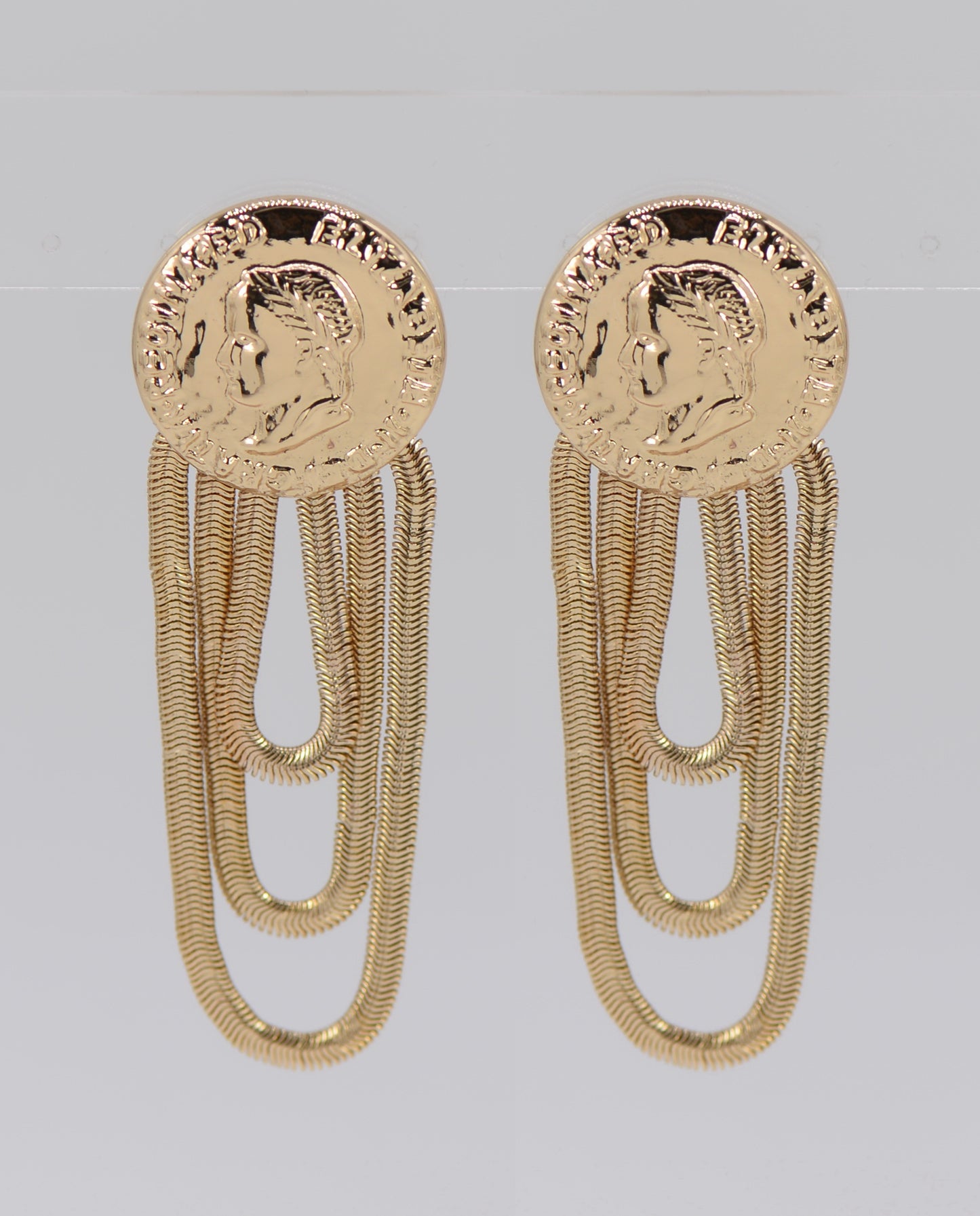 E0874 25E5840 Coin Design Herringbone Chain Drop Dangle Post Earrings