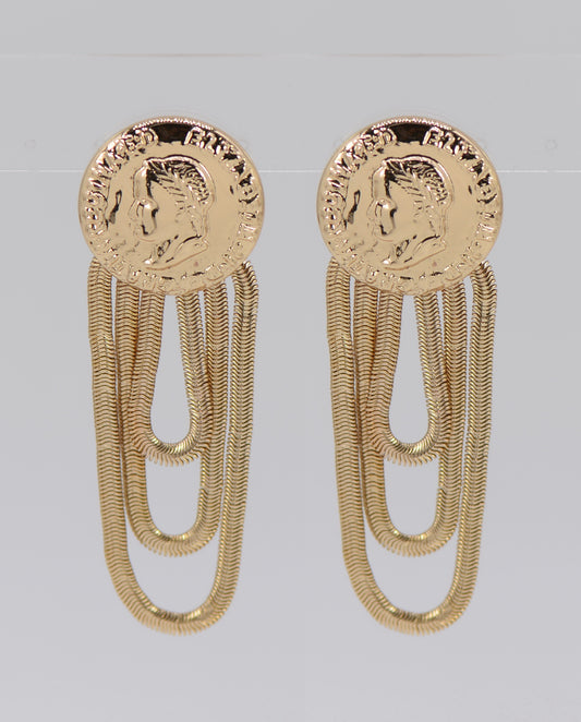 E0874 25E5840 Coin Design Herringbone Chain Drop Dangle Post Earrings