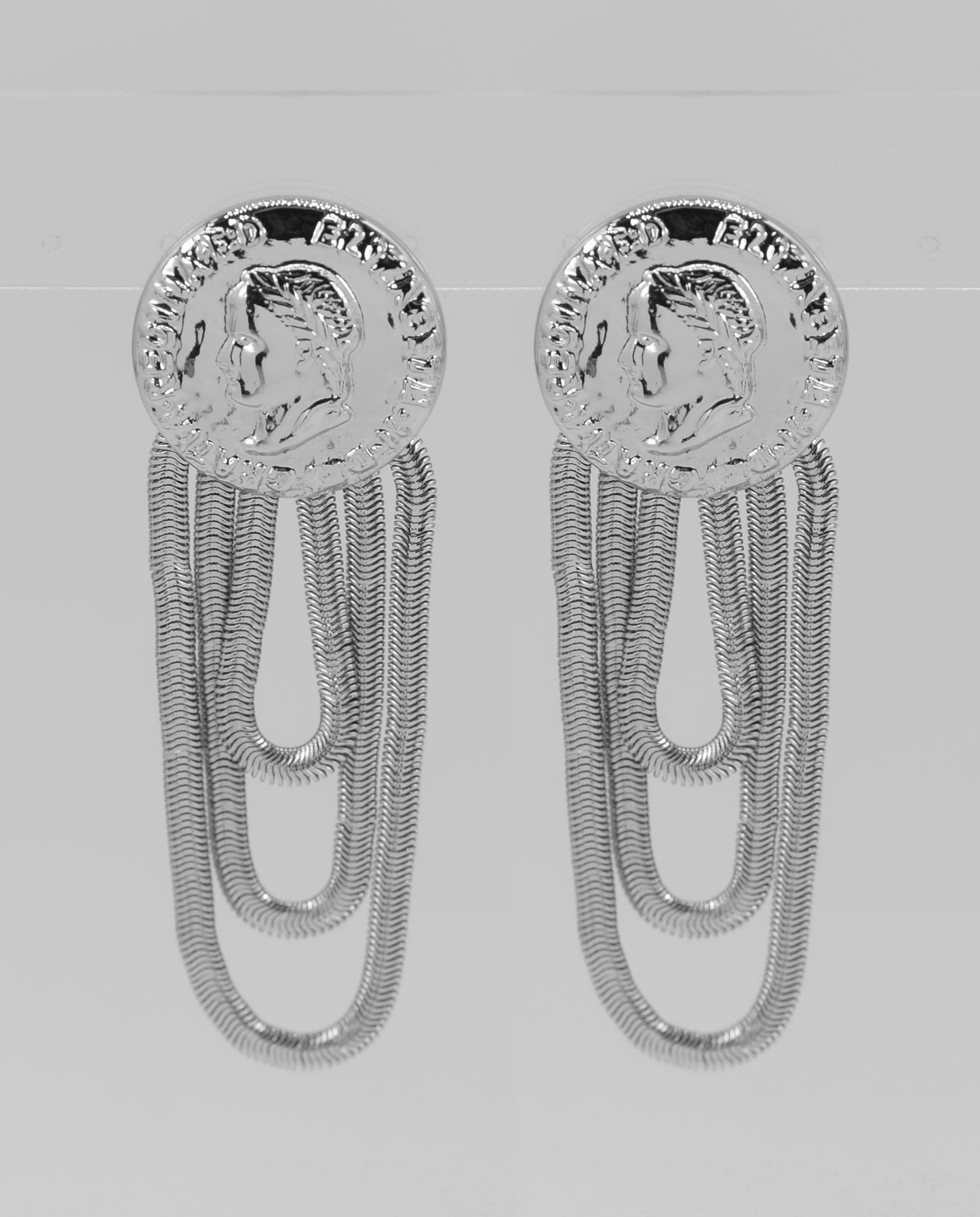 E0874 25E5840 Coin Design Herringbone Chain Drop Dangle Post Earrings