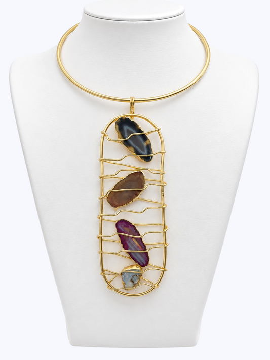 Handmade 14k Gold- Plated Mixed  Natural Stone Statement Necklace | N5394