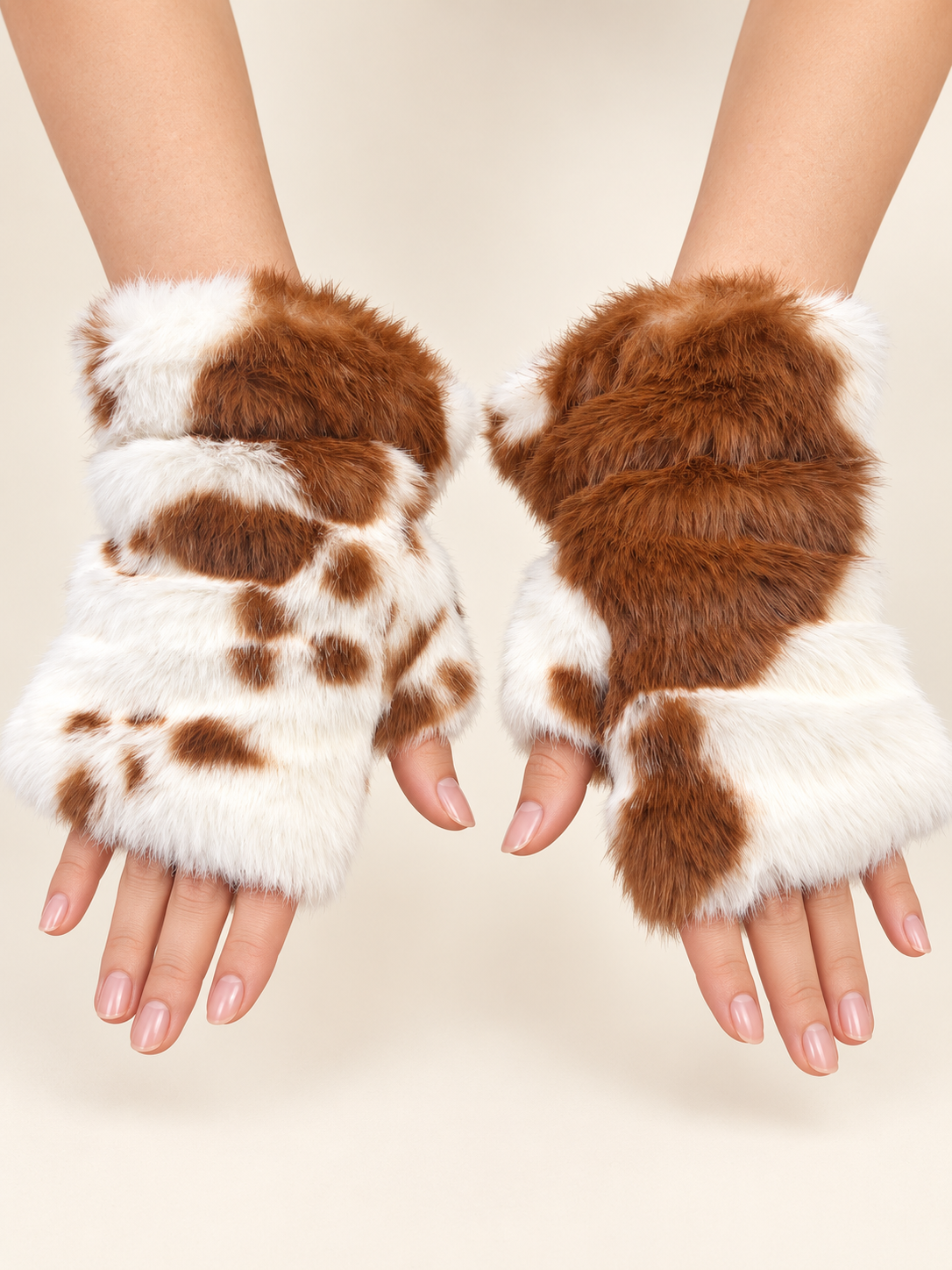 Brown and White Faux Fur Fingerless Gloves - G0013