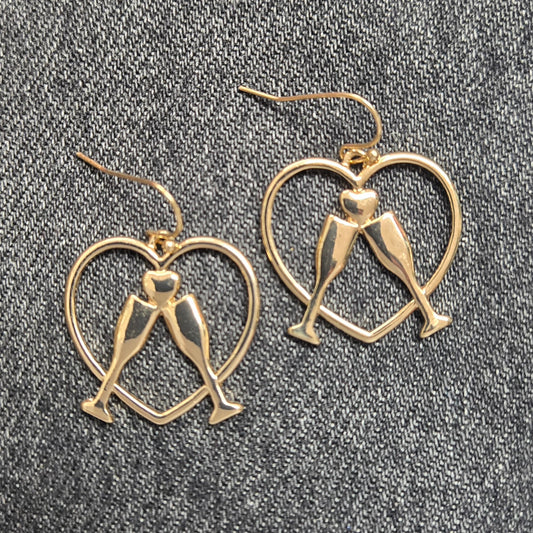 E0989 AE5041 Metal Wine Glass with Heart Design Drop Dangle Hook Earrings