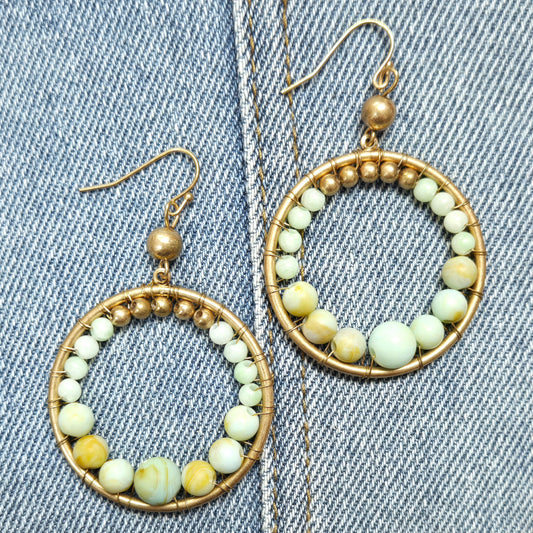 E1087 AE5449 Stone Beads Deco Circle Shape Drop Dangle Earrings