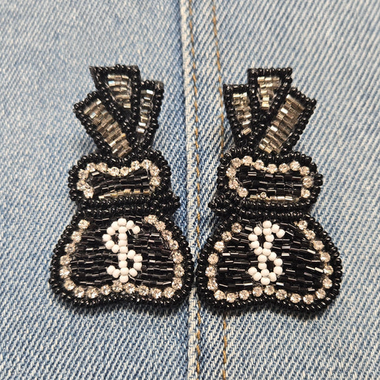 E1001 AE5604 Beads Deco Money Bag Design Drop Post Earrings