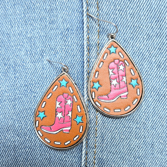 E1003 AE5725 Western Theme Boot Design Teardrop Shape Drop Dangle Earrings