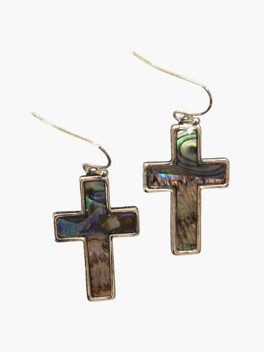 E0994|Abalone Mother of Pearl Deco Cross Design Drop Dangle Hook Earrings|AE6139